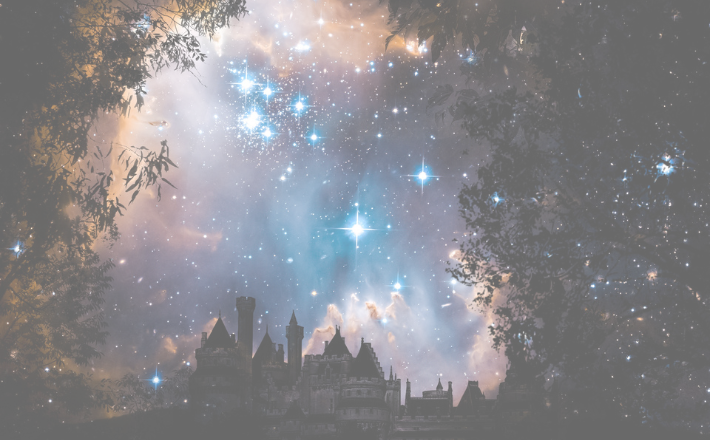 Bright stars in the distance behind trees and castle