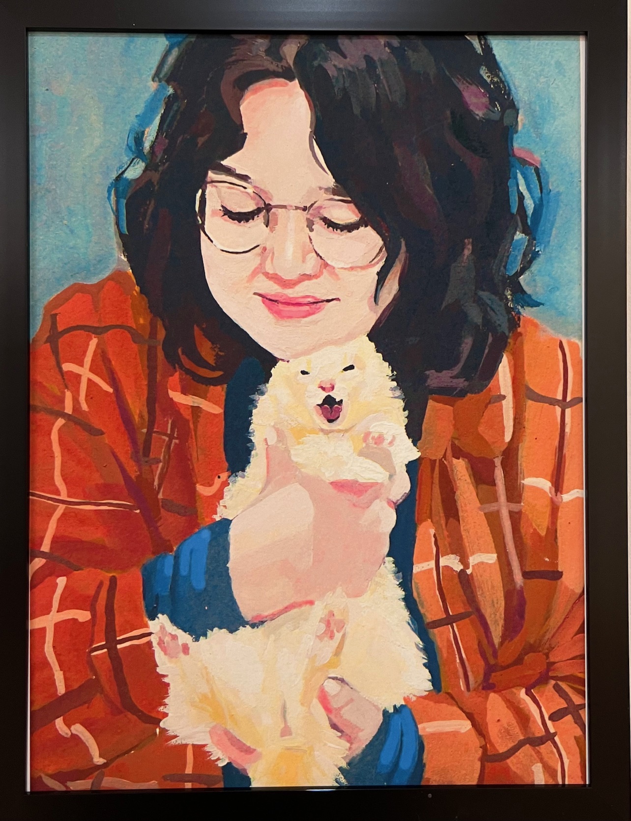 Painting of a girl holding a white ferret