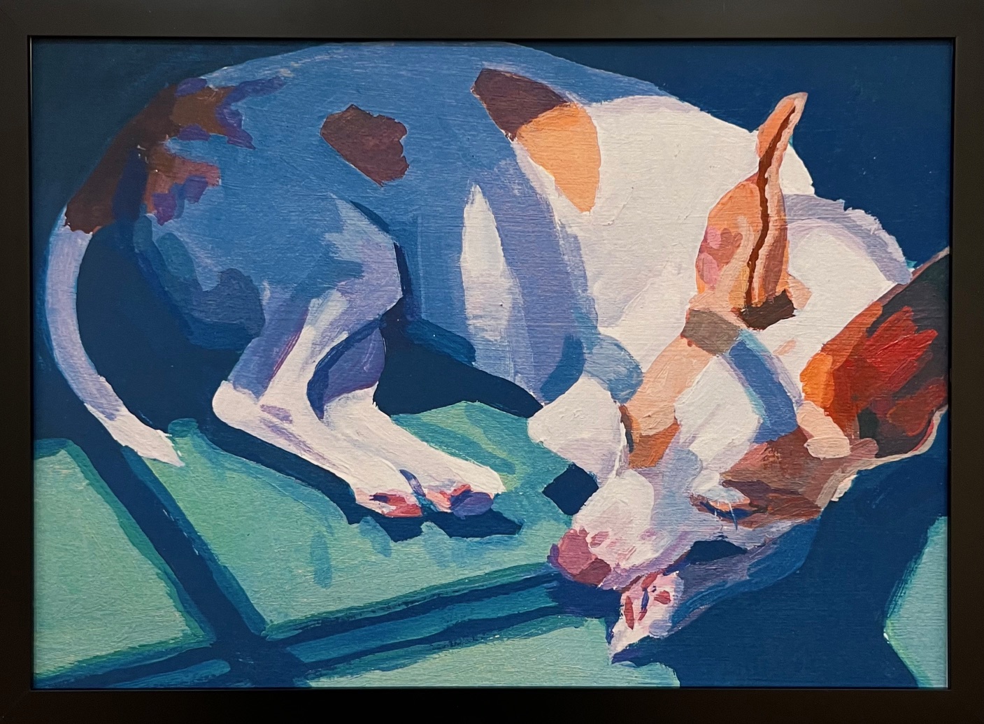 Painting of a sleeping brown and white dog