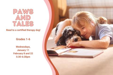 Photo of a young girl with blonde hair cuddling beside a brown and white dog while reading a book.