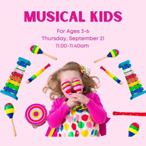 A young girl laying on a flat surface, covering her face with pink maracas. She is surrounded by colorful musical instruments, including xylophones, a recorder, a tambourine, and more maracas. 