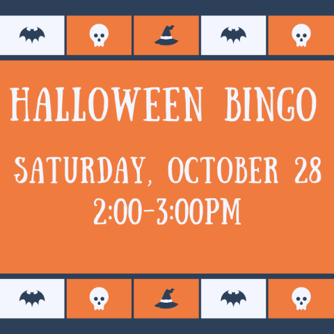 A line of white and orange squares in a horizontal row, each square featuring a tiny Halloween themed icon, such as a bat, skull, or witch hat.