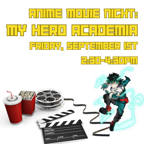 Movie theatre related imagery, such as roll film, a clapper board, and popcorn, alongside an image of a character from the anime series My Hero Academia. 