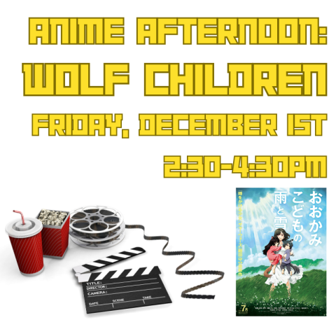 A variety of movie related items laid out on the ground, such as popcorn, soda cups, a clapperboard, and a film reel, alongside the poster for the movie Wolf Children.