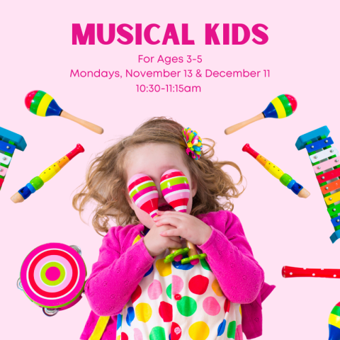 A child laying down, covering their face with pink maracas and surrounded by a variety of colorful musical instruments such as a xylophone and a tambourine. 