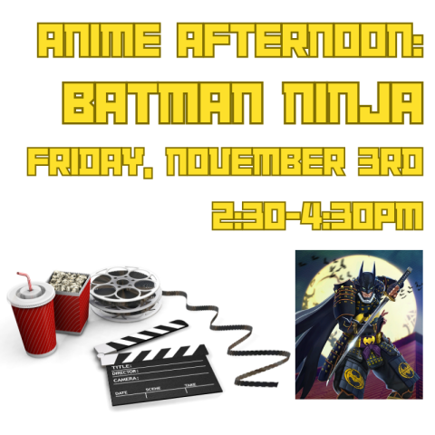 A variety of movie related items laid out on the ground, such as popcorn, soda cups, a clapperboard, and a film reel, alongside the poster for the movie Batman Ninja.