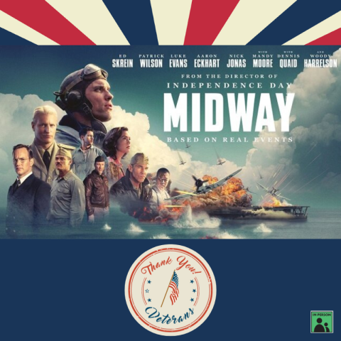 midway movie poster on red, white and blue background with thanks to veterans seal