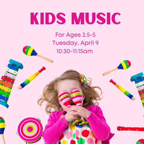 A child holding maracas up to her face, surrounded by a variety of colorful musical instruments.