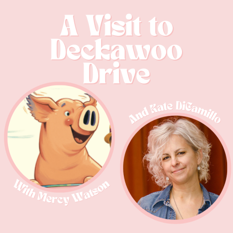 An image of the character Mercy Watson alongside the author, Kate DiCamillo.