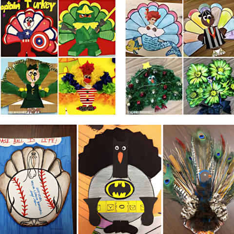 Example images of paper turkeys disguised as a variety of things, such as batman and a baseball.