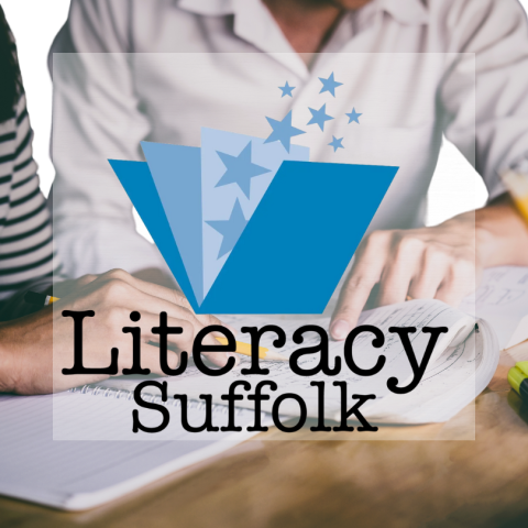 Literacy Suffolk Logo in front of stock photo of tutoring