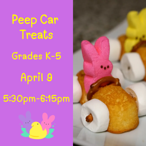 A treat that looks like a bunny peep marshmellow driving a car.