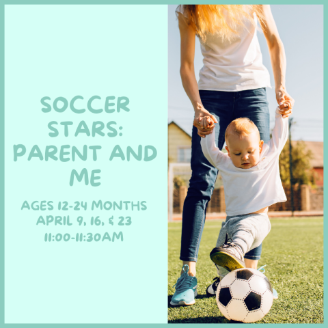 A mother helping a toddler kick a soccer ball.