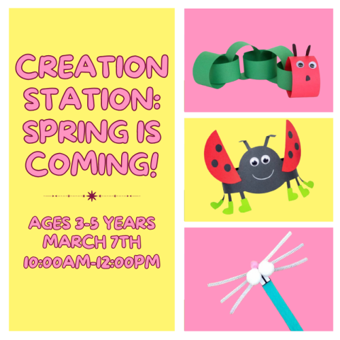 Spring themed crafts, such as a caterpillar made from pieces of construction paper and a bunny mask made from cotton balls and a popsicle stick.