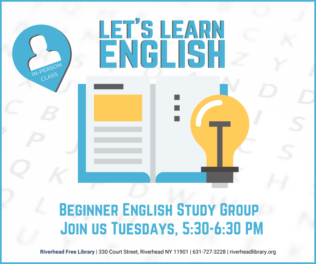 LET'S LEARN ENGLISH [PICTURE OF A BOOK ANS A LIGHT BULB] BEGINNER ENGLISH STUDY GROUP | JOIN US TUESDAYS, 5:30-6:30 PM