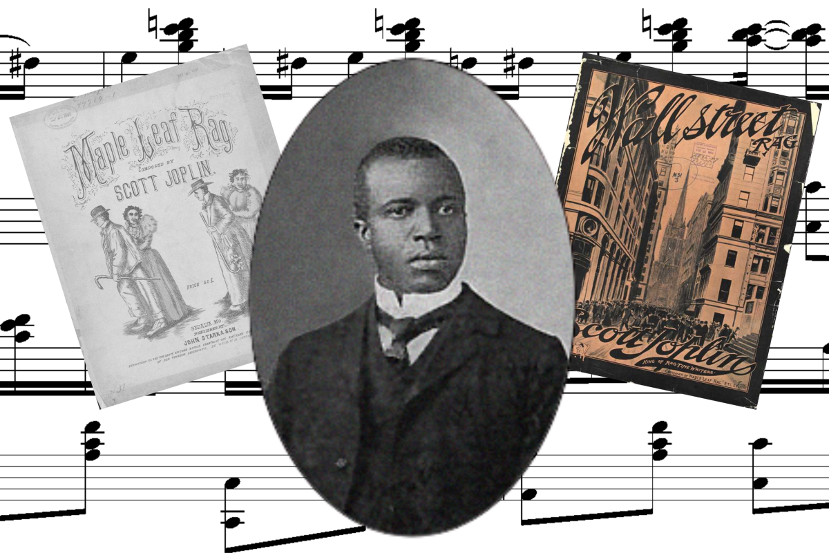 scott joplin image maple leaf rag sheet music, wall street rag sheet music with music notes in the background