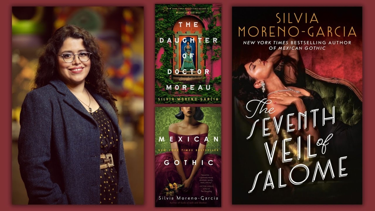 Image of author Silvia Moreno-Garcia and book covers of three of her books.